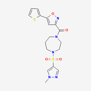 molecular formula C17H19N5O4S2 B2690890 (4-((1-methyl-1H-pyrazol-4-yl)sulfonyl)-1,4-diazepan-1-yl)(5-(thiophen-2-yl)isoxazol-3-yl)methanone CAS No. 2034544-50-6