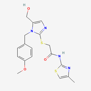 molecular formula C18H20N4O3S2 B2690901 2-((5-(hydroxymethyl)-1-(4-methoxybenzyl)-1H-imidazol-2-yl)thio)-N-(4-methylthiazol-2-yl)acetamide CAS No. 899955-97-6