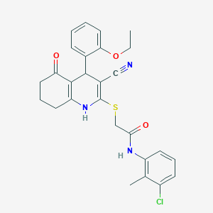 molecular formula C27H26ClN3O3S B2690936 N-(3-chloro-2-methylphenyl)-2-{[3-cyano-4-(2-ethoxyphenyl)-5-oxo-1,4,5,6,7,8-hexahydroquinolin-2-yl]sulfanyl}acetamide CAS No. 370844-25-0