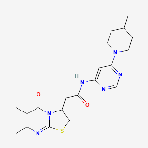 molecular formula C20H26N6O2S B2690960 2-(6,7-dimethyl-5-oxo-3,5-dihydro-2H-thiazolo[3,2-a]pyrimidin-3-yl)-N-(6-(4-methylpiperidin-1-yl)pyrimidin-4-yl)acetamide CAS No. 1396761-19-5