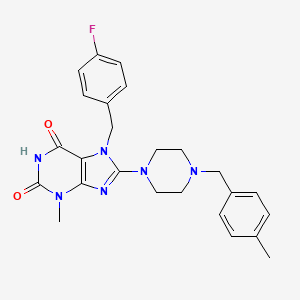 molecular formula C25H27FN6O2 B2691077 7-(4-氟苯甲基)-3-甲基-8-(4-(4-甲基苯甲基)哌嗪-1-基)-1H-嘧啶-2,6(3H,7H)-二酮 CAS No. 898463-90-6