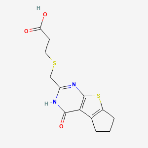 molecular formula C13H14N2O3S2 B2691175 3-[({12-Oxo-7-thia-9,11-diazatricyclo[6.4.0.0^{2,6}]dodeca-1(8),2(6),9-trien-10-yl}methyl)sulfanyl]propanoic acid CAS No. 790719-54-9