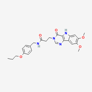 molecular formula C25H28N4O5 B2691268 3-{7,8-dimethoxy-4-oxo-3H,4H,5H-pyrimido[5,4-b]indol-3-yl}-N-[(4-propoxyphenyl)methyl]propanamide CAS No. 1185028-81-2