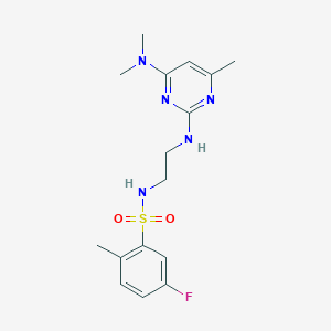 molecular formula C16H22FN5O2S B2691312 N-(2-((4-(二甲胺)-6-甲基嘧啶-2-基)氨基)乙基)-5-氟-2-甲基苯磺酰胺 CAS No. 1207053-55-1