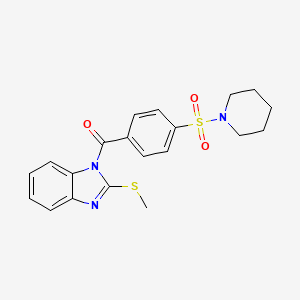 molecular formula C20H21N3O3S2 B2691382 (2-(methylthio)-1H-benzo[d]imidazol-1-yl)(4-(piperidin-1-ylsulfonyl)phenyl)methanone CAS No. 612526-23-5