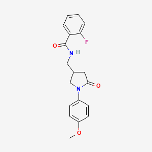 molecular formula C19H19FN2O3 B2691395 2-氟-N-((1-(4-甲氧基苯基)-5-氧代吡咯啉-3-基)甲基)苯甲酰胺 CAS No. 955221-18-8