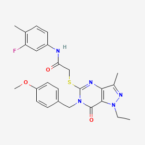molecular formula C25H26FN5O3S B2691396 2-({1-ethyl-6-[(4-methoxyphenyl)methyl]-3-methyl-7-oxo-1H,6H,7H-pyrazolo[4,3-d]pyrimidin-5-yl}sulfanyl)-N-(3-fluoro-4-methylphenyl)acetamide CAS No. 1357782-93-4