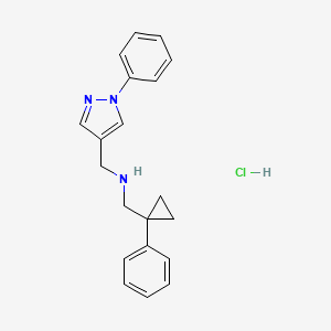 molecular formula C20H22ClN3 B2691427 N-[(1-Phenylcyclopropyl)methyl]-1-(1-phenylpyrazol-4-yl)methanamine;hydrochloride CAS No. 2418709-65-4