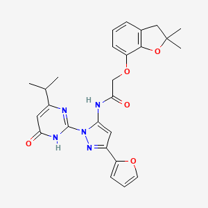 molecular formula C26H27N5O5 B2691433 2-((2,2-dimethyl-2,3-dihydrobenzofuran-7-yl)oxy)-N-(3-(furan-2-yl)-1-(4-isopropyl-6-oxo-1,6-dihydropyrimidin-2-yl)-1H-pyrazol-5-yl)acetamide CAS No. 1211333-33-3