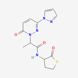 molecular formula C14H15N5O3S B2691503 2-(6-oxo-3-(1H-pyrazol-1-yl)pyridazin-1(6H)-yl)-N-(2-oxotetrahydrothiophen-3-yl)propanamide CAS No. 1334372-11-0