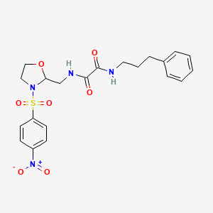 molecular formula C21H24N4O7S B2691590 N1-((3-((4-硝基苯基)磺酰基)噁唑环己-2-基)甲基)-N2-(3-苯基丙基)草酰胺 CAS No. 868982-00-7