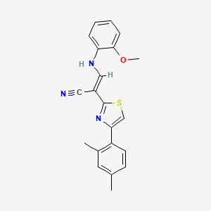 molecular formula C21H19N3OS B2691625 (E)-2-(4-(2,4-二甲基苯基)噻唑-2-基)-3-((2-甲氧基苯基)氨基)丙烯腈 CAS No. 374098-37-0
