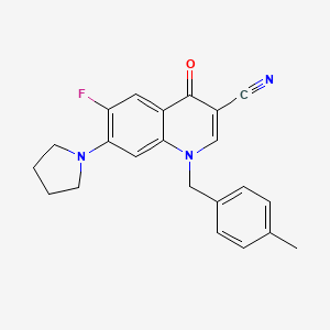 molecular formula C22H20FN3O B2691634 6-Fluoro-1-[(4-methylphenyl)methyl]-4-oxo-7-pyrrolidin-1-ylquinoline-3-carbonitrile CAS No. 1359864-78-0