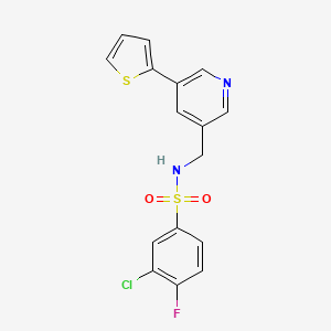 molecular formula C16H12ClFN2O2S2 B2691651 3-chloro-4-fluoro-N-((5-(thiophen-2-yl)pyridin-3-yl)methyl)benzenesulfonamide CAS No. 2034411-74-8