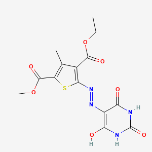molecular formula C14H14N4O7S B2691729 4-ethyl 2-methyl 3-methyl-5-(2-(2,4,6-trioxotetrahydropyrimidin-5(2H)-ylidene)hydrazinyl)thiophene-2,4-dicarboxylate CAS No. 446851-99-6