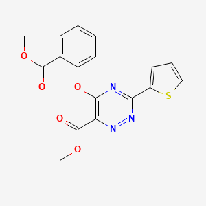molecular formula C18H15N3O5S B2691733 Ethyl 5-[2-(methoxycarbonyl)phenoxy]-3-(2-thienyl)-1,2,4-triazine-6-carboxylate CAS No. 338966-35-1