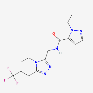 molecular formula C14H17F3N6O B2691759 1-ethyl-N-((7-(trifluoromethyl)-5,6,7,8-tetrahydro-[1,2,4]triazolo[4,3-a]pyridin-3-yl)methyl)-1H-pyrazole-5-carboxamide CAS No. 2034531-33-2