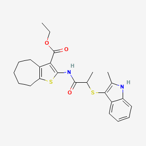 molecular formula C24H28N2O3S2 B2691770 ethyl 2-[2-[(2-methyl-1H-indol-3-yl)sulfanyl]propanoylamino]-5,6,7,8-tetrahydro-4H-cyclohepta[b]thiophene-3-carboxylate CAS No. 536702-10-0