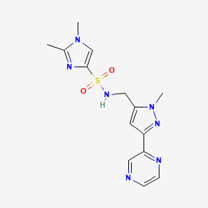 molecular formula C14H17N7O2S B2691851 1,2-二甲基-N-((1-甲基-3-(吡啶-2-基)-1H-吡唑-5-基)甲基)-1H-咪唑-4-磺酰胺 CAS No. 2034374-58-6
