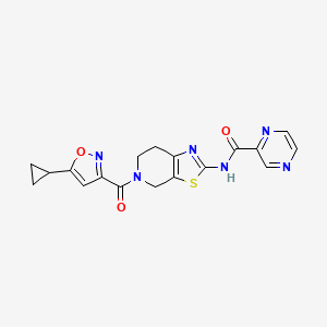 molecular formula C18H16N6O3S B2692108 N-(5-(5-cyclopropylisoxazole-3-carbonyl)-4,5,6,7-tetrahydrothiazolo[5,4-c]pyridin-2-yl)pyrazine-2-carboxamide CAS No. 1351615-40-1