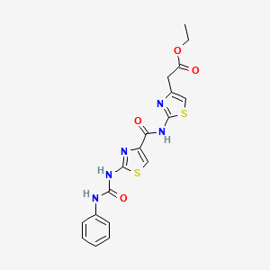 molecular formula C18H17N5O4S2 B2692253 Ethyl 2-(2-(2-(3-phenylureido)thiazole-4-carboxamido)thiazol-4-yl)acetate CAS No. 955682-51-6