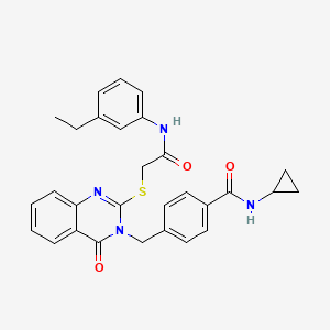molecular formula C29H28N4O3S B2692266 N-cyclopropyl-4-((2-((2-((3-ethylphenyl)amino)-2-oxoethyl)thio)-4-oxoquinazolin-3(4H)-yl)methyl)benzamide CAS No. 1115433-63-0
