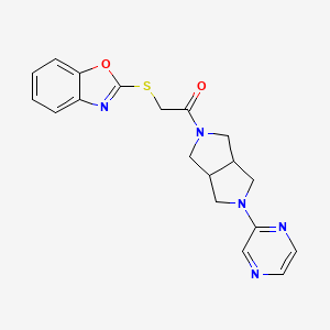 molecular formula C19H19N5O2S B2692285 2-(1,3-Benzoxazol-2-ylsulfanyl)-1-(2-pyrazin-2-yl-1,3,3a,4,6,6a-hexahydropyrrolo[3,4-c]pyrrol-5-yl)ethanone CAS No. 2415468-30-1