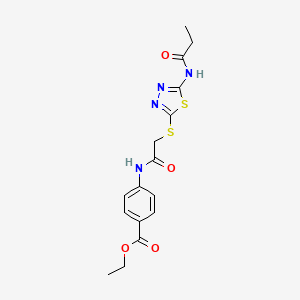 molecular formula C16H18N4O4S2 B2692330 Ethyl 4-(2-((5-propionamido-1,3,4-thiadiazol-2-yl)thio)acetamido)benzoate CAS No. 392292-48-7