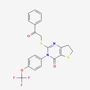 molecular formula C21H15F3N2O3S2 B2692342 2-((2-oxo-2-phenylethyl)thio)-3-(4-(trifluoromethoxy)phenyl)-6,7-dihydrothieno[3,2-d]pyrimidin-4(3H)-one CAS No. 877654-74-5