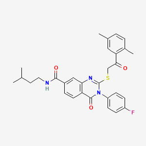 molecular formula C30H30FN3O3S B2692343 2-((2-(2,5-二甲基苯基)-2-氧代乙基)硫基)-3-(4-氟苯基)-N-异戊基-4-氧代-3,4-二氢喹唑啉-7-羧酰胺 CAS No. 1113135-14-0