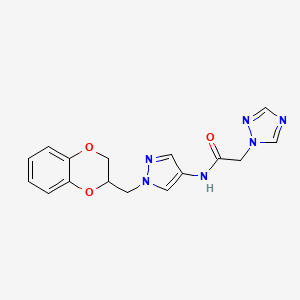 molecular formula C16H16N6O3 B2692348 N-(1-((2,3-dihydrobenzo[b][1,4]dioxin-2-yl)methyl)-1H-pyrazol-4-yl)-2-(1H-1,2,4-triazol-1-yl)acetamide CAS No. 1795484-73-9