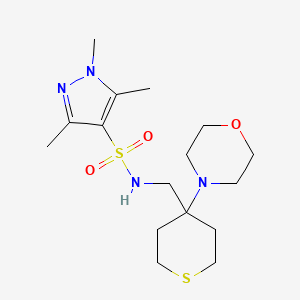 molecular formula C16H28N4O3S2 B2692453 1,3,5-Trimethyl-N-[(4-morpholin-4-ylthian-4-yl)methyl]pyrazole-4-sulfonamide CAS No. 2380099-14-7