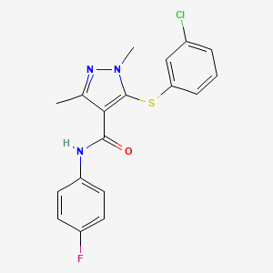 molecular formula C18H15ClFN3OS B2692471 5-[(3-chlorophenyl)sulfanyl]-N-(4-fluorophenyl)-1,3-dimethyl-1H-pyrazole-4-carboxamide CAS No. 303998-08-5