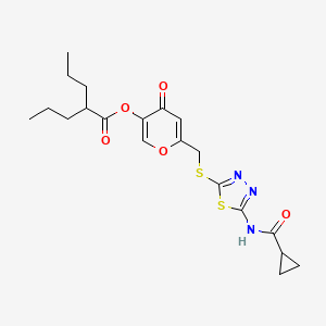 molecular formula C20H25N3O5S2 B2692481 6-(((5-(环丙基甲酰氨基)-1,3,4-噻二唑-2-基)硫)甲基)-4-氧代-4H-吡喃-3-基-2-丙基戊酸酯 CAS No. 896008-14-3