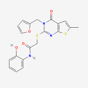 molecular formula C20H17N3O4S2 B2692529 2-({3-[(furan-2-yl)methyl]-6-methyl-4-oxo-3H,4H-thieno[2,3-d]pyrimidin-2-yl}sulfanyl)-N-(2-hydroxyphenyl)acetamide CAS No. 878682-88-3
