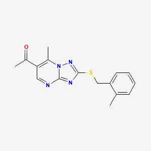 molecular formula C16H16N4OS B2692538 1-{7-Methyl-2-[(2-methylbenzyl)thio][1,2,4]triazolo[1,5-a]pyrimidin-6-yl}ethanone CAS No. 879044-17-4