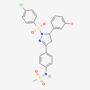 molecular formula C22H19ClFN3O4S2 B2692565 N-[4-[2-(4-chlorophenyl)sulfonyl-3-(3-fluorophenyl)-3,4-dihydropyrazol-5-yl]phenyl]methanesulfonamide CAS No. 851781-12-9