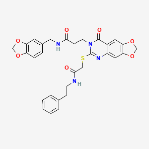 molecular formula C30H28N4O7S B2692596 N-(1,3-benzodioxol-5-ylmethyl)-3-[8-oxo-6-({2-oxo-2-[(2-phenylethyl)amino]ethyl}thio)[1,3]dioxolo[4,5-g]quinazolin-7(8H)-yl]propanamide CAS No. 896705-89-8
