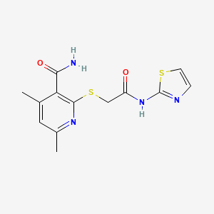 molecular formula C13H14N4O2S2 B2692666 4,6-Dimethyl-2-(thiazol-2-ylcarbamoylmethylsulfanyl)-nicotinamide CAS No. 402954-39-6