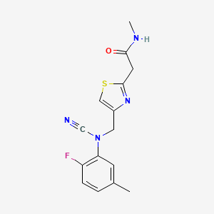molecular formula C15H15FN4OS B2692717 2-[4-[(N-Cyano-2-fluoro-5-methylanilino)methyl]-1,3-thiazol-2-yl]-N-methylacetamide CAS No. 1436238-97-9