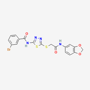 molecular formula C18H13BrN4O4S2 B2692721 N-(5-((2-(benzo[d][1,3]dioxol-5-ylamino)-2-oxoethyl)thio)-1,3,4-thiadiazol-2-yl)-3-bromobenzamide CAS No. 868974-52-1