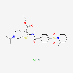 molecular formula C26H36ClN3O5S2 B2692730 Ethyl 6-isopropyl-2-(4-((2-methylpiperidin-1-yl)sulfonyl)benzamido)-4,5,6,7-tetrahydrothieno[2,3-c]pyridine-3-carboxylate hydrochloride CAS No. 1217075-82-5