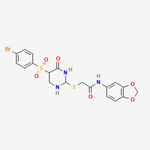 molecular formula C19H14BrN3O6S2 B2692801 N-(2H-1,3-benzodioxol-5-yl)-2-{[5-(4-bromobenzenesulfonyl)-6-oxo-1,6-dihydropyrimidin-2-yl]sulfanyl}acetamide CAS No. 904582-24-7