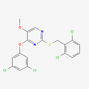 molecular formula C18H12Cl4N2O2S B2692839 2-[(2,6-Dichlorobenzyl)sulfanyl]-4-(3,5-dichlorophenoxy)-5-methoxypyrimidine CAS No. 338955-88-7