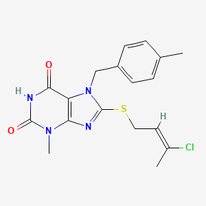 molecular formula C18H19ClN4O2S B2692893 8-[(E)-3-chlorobut-2-enyl]sulfanyl-3-methyl-7-[(4-methylphenyl)methyl]purine-2,6-dione CAS No. 332897-93-5