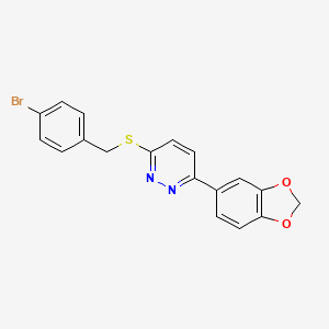 molecular formula C18H13BrN2O2S B2692901 3-(Benzo[d][1,3]dioxol-5-yl)-6-((4-bromobenzyl)thio)pyridazine CAS No. 921099-38-9