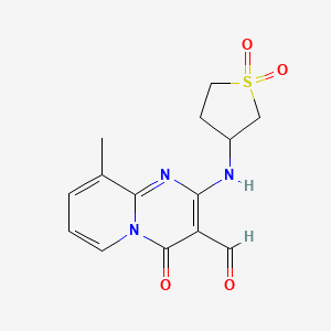 molecular formula C14H15N3O4S B2692985 2-[(1,1-Dioxothiolan-3-yl)amino]-9-methyl-4-oxopyrido[1,2-a]pyrimidine-3-carbaldehyde CAS No. 342779-62-8