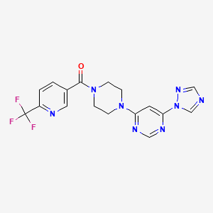 molecular formula C17H15F3N8O B2693058 (4-(6-(1H-1,2,4-triazol-1-yl)pyrimidin-4-yl)piperazin-1-yl)(6-(trifluoromethyl)pyridin-3-yl)methanone CAS No. 1795189-79-5