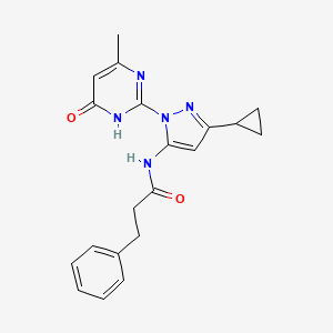 molecular formula C20H21N5O2 B2693091 N-(3-cyclopropyl-1-(4-methyl-6-oxo-1,6-dihydropyrimidin-2-yl)-1H-pyrazol-5-yl)-3-phenylpropanamide CAS No. 1203032-31-8