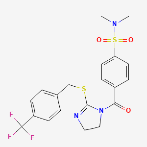 molecular formula C20H20F3N3O3S2 B2693177 N,N-dimethyl-4-(2-((4-(trifluoromethyl)benzyl)thio)-4,5-dihydro-1H-imidazole-1-carbonyl)benzenesulfonamide CAS No. 851806-47-8